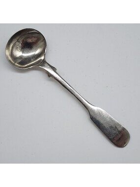 Antique Nickel Silver Salt Spoon With Flat Handle & Rounded Bowl 3-1/2"